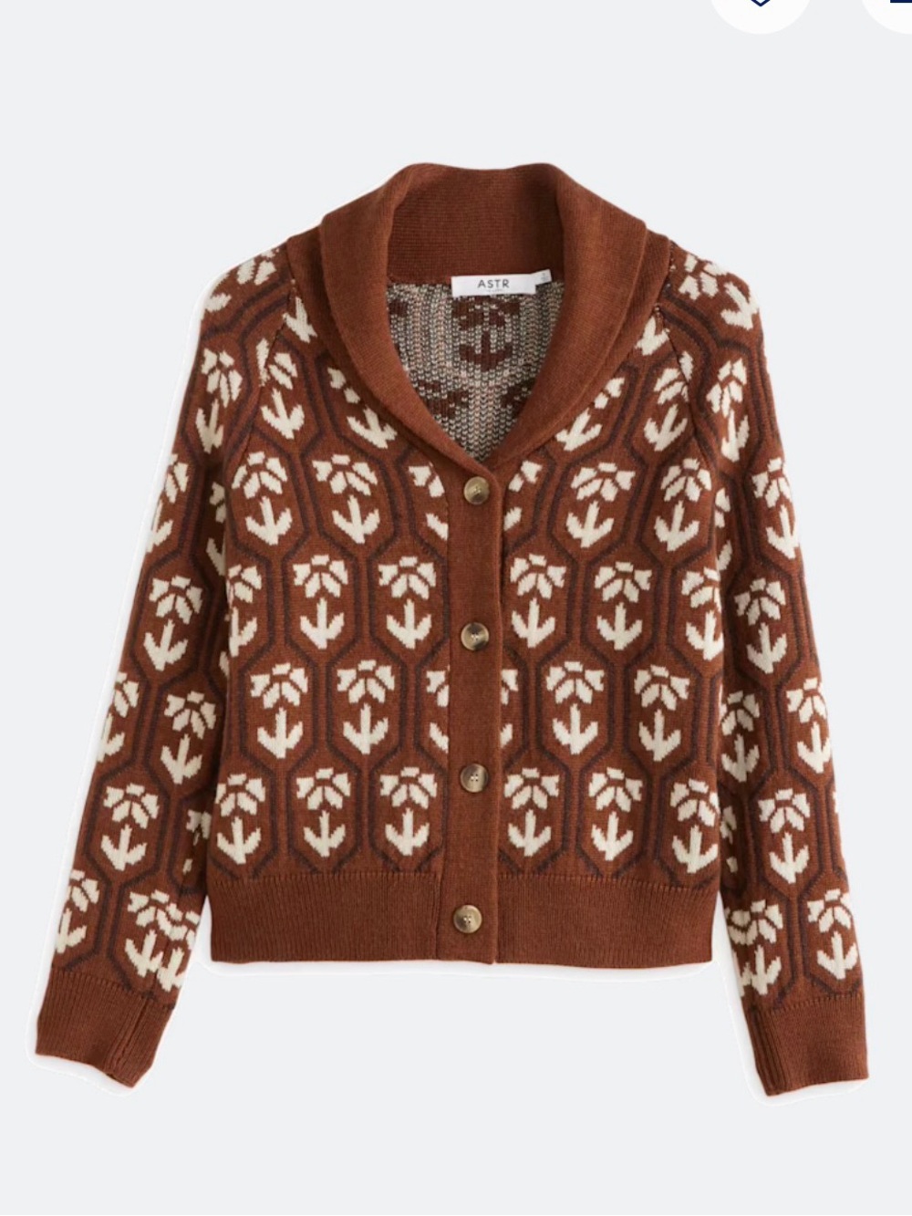 Astr Brown and Cream Floral Shawl-Collar Cardigan Art Deco